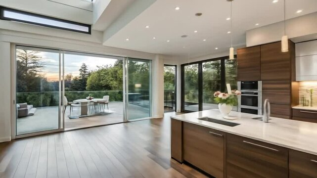 Modern kitchen design ideas and inspiration: luxury kitchen with island and outdoor dining area