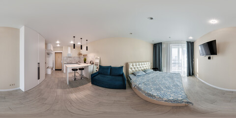 full seamless hdri 360 panorama in interior of guest living room hall in studio apartment with...
