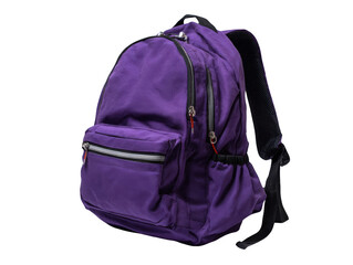 A vibrant purple backpack stands out against a stark transparent background