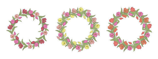 Pink and yellow hand drawn line art tulip flowers and leaves wreath set isolated on white background. Minimalist botanical frame vector illustration bundle