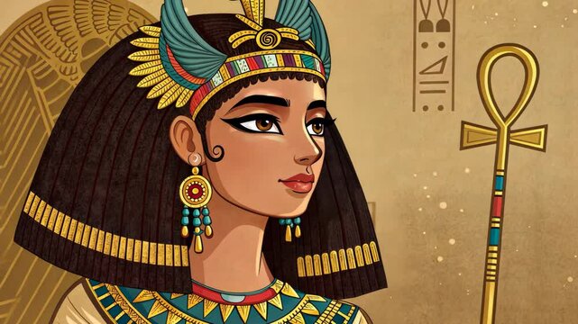 Illustration of an Egyptian queen with traditional attire and ankh.