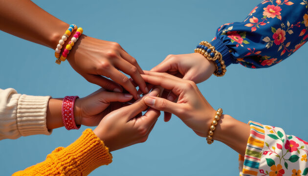 Collaboration in action diverse hands joining together outdoor photography clear blue sky unity and friendship