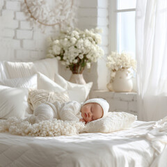 Adorable baby lying in a bright, white, sunlit bedroom surrounded by white flowers. Warm and serene atmosphere. Soft natural light, white linens, and floral decor enhance the gentle.
