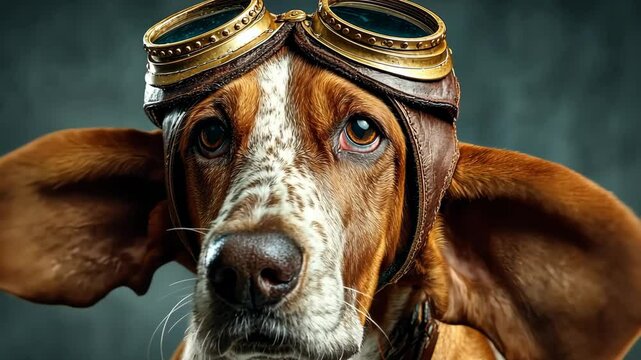 A basset hound wearing aviator goggles.