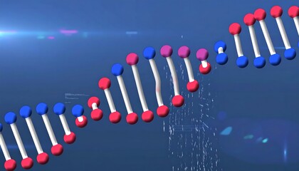 DNA double helix with colored components, abstract background