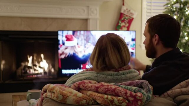 Cozy Fireplace Scene with Family Wrapped in Blankets Watching Thanksgiving Parade on TV