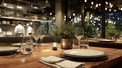 Elegant dining table setup with glassware and warm lighting ambiance