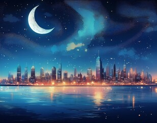 night city skyline crescent moon starscape