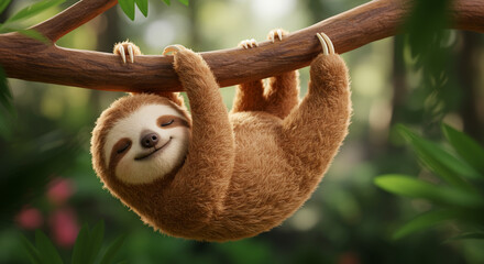 A cute sloth hanging upside down from a tree branch with a serene expression on its face in a forest