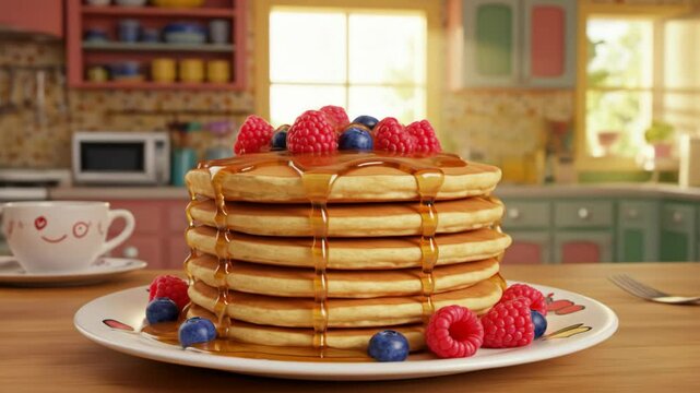 3D cartoon stack of pancakes with berries and syrup on plate in cozy kitchen scene
