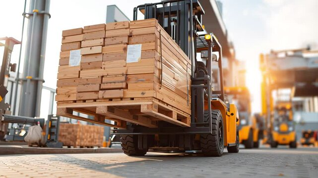 Yellow forklift transporting wooden crates on pallets at a busy industrial site during sunset. Concept of logistics, warehouse operations and material handling efficiency
