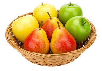 Fruit Basket Transparent PNG, Yellow and green apples, red,yellow pears in natural wicker basket