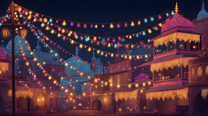 A festive night scene in an Indian town, adorned with numerous colorful string lights illuminating traditional buildings and domes.
