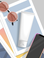 Cream tube with magazine, phone and sunglasses. Vector mockup of cream tube.