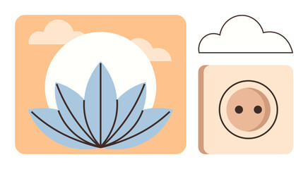 Blue lotus flower under white sun, surrounded by soft clouds and simple shapes. Ideal for mindfulness, serenity, meditation, balance, nature, minimalism, spirituality as a simple flat metaphor