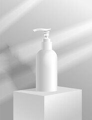 White cosmetic bottle with dispenser on podium. Body care product packaging template.