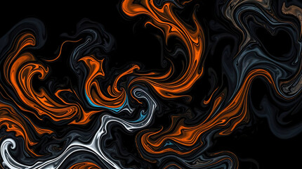 Abstract swirling patterns of orange, grey, and white paint on a black background