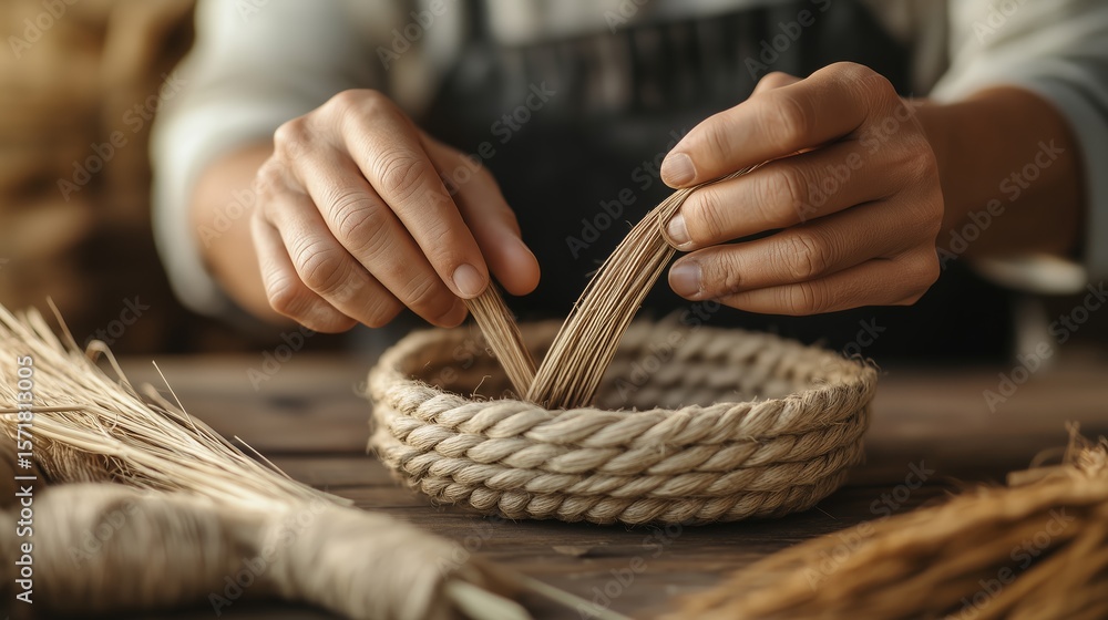 Aufkleber crafting a handmade woven basket using natural fibers in a rustic workshop setting