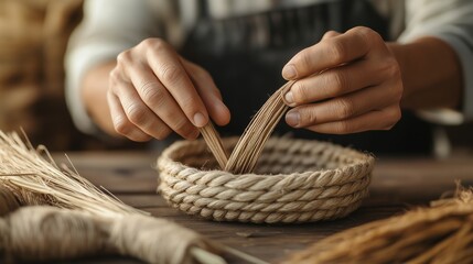 Crafting a handmade woven basket using natural fibers in a rustic workshop setting