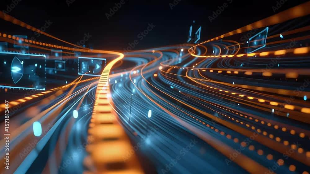 Poster futuristic digital data highway with glowing orange and blue streams transferring multimedia files a