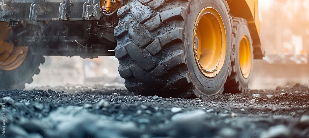Poster heavy duty compactor with rugged tires performing soil compression tasks at a busy urban constructio