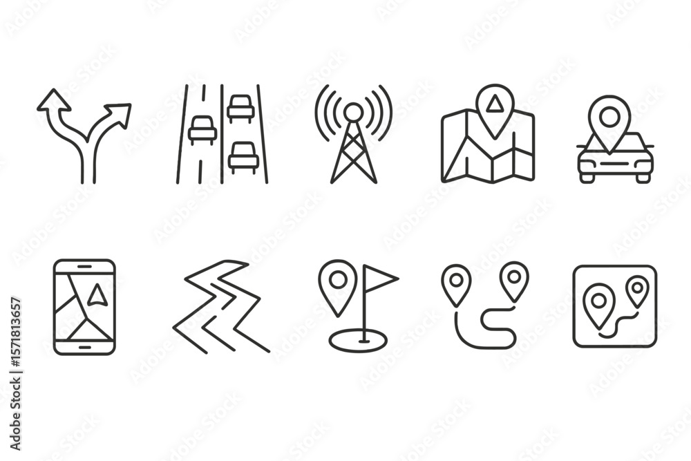 Poster navigation and gps line icon set. maps, routes, and location linear icons collection