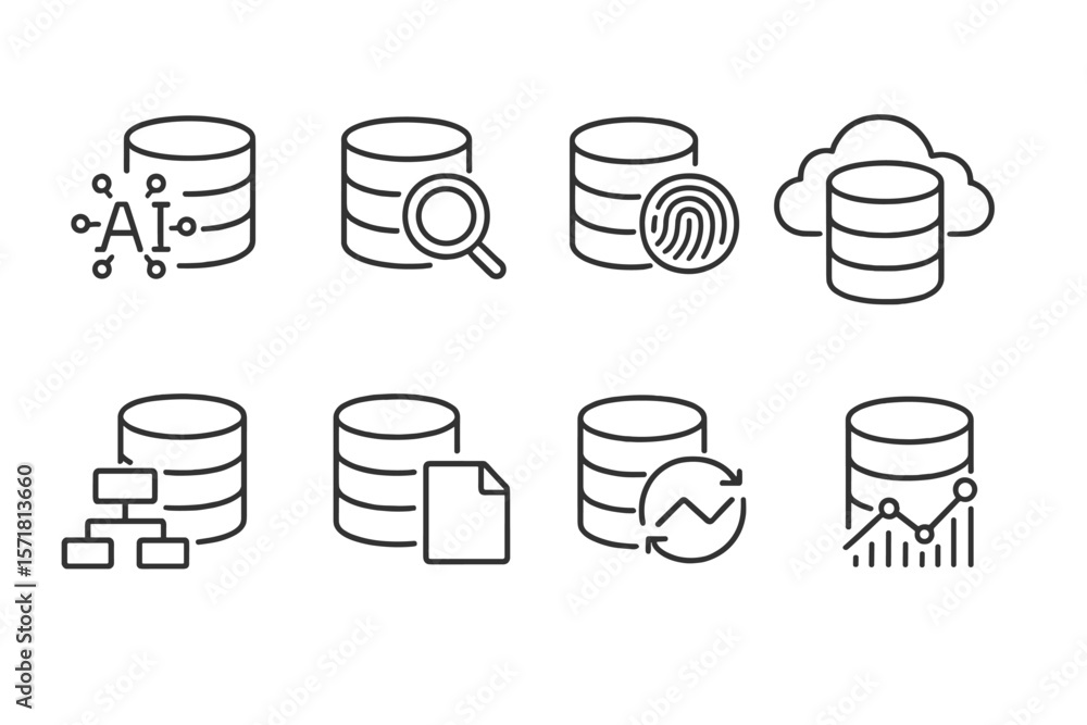 Poster data analysis line icon set: database, ai, and cloud computing linear icons