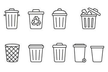 Waste management lineup: litter, trash cans solid icon set for eco-friendly solutions