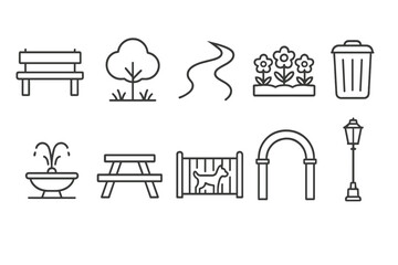 Park and recreation line icon set. nature, outdoor activity, urban amenities icons