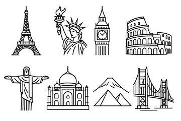 Landmarks line icon set. famous structures from around the world in line art