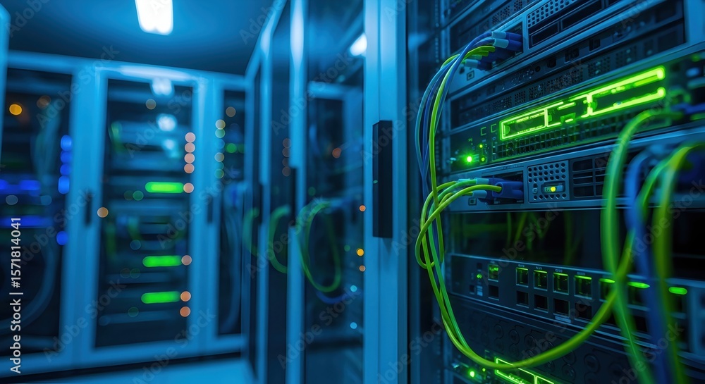Poster server rack with flashing lights and cables inside a modern data center. network infrastructure and 