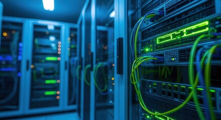 Server rack with flashing lights and cables inside a modern data center. Network infrastructure and cloud computing concept.