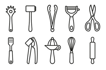 Kitchen utensils line icon set. cooking, dining linear collection for home chefs
