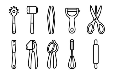 Kitchen tools line icon set. utensils, cooking, baking linear collection
