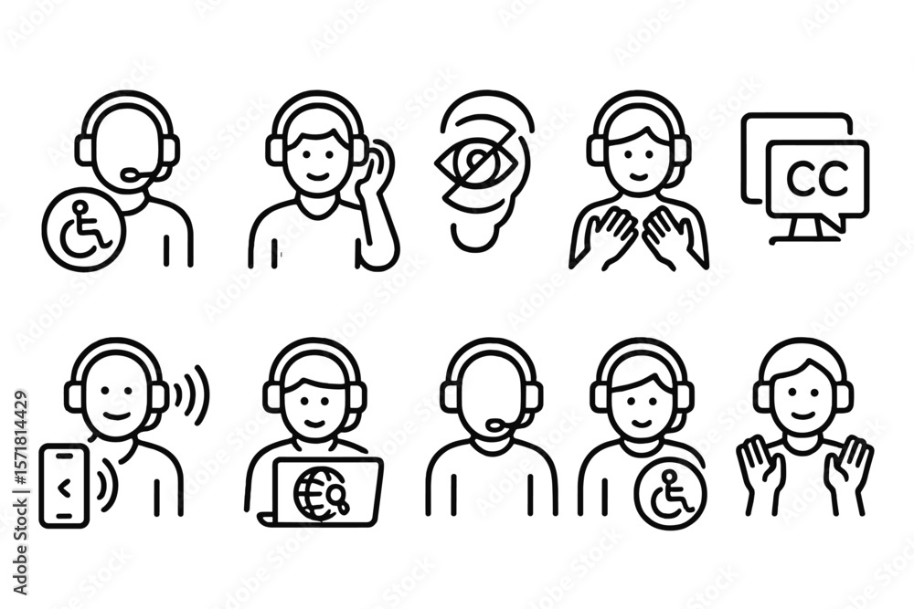 Poster accessibility communication icon set. outline style symbols for inclusive design