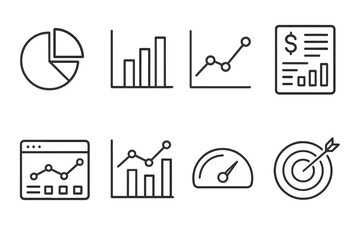 Analytics and finance outline icon set: data, graphs, charts for business insights