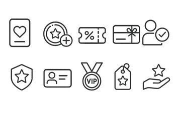 Loyalty program outline icon set. membership, discount, reward collection in line style
