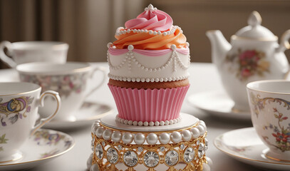 Fancy cupcake, designed like a  beautiful wedding cake, orange and pink with diamonds and pearls cupcake holder, on a table with beautiful teacups, closeup view, ultra realistic, luxury