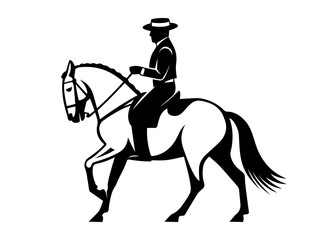A black and white silhouette of a man riding a horse in a classic pose