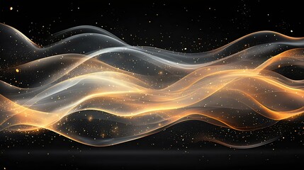 Abstract wavy lines with glowing particles in shades of orange and silver against a black background, creating a mesmerizing digital art effect.