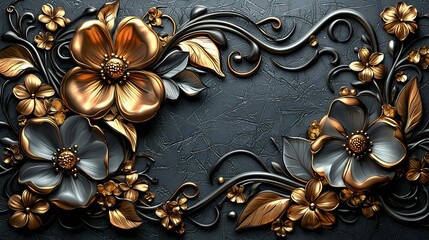 Elegant floral design featuring beautiful metallic flowers and intricate swirls on a textured dark background, perfect for upscale decor and invitations.