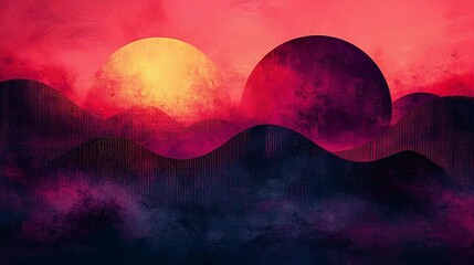 A vibrant digital landscape featuring two large suns set against colorful waves and a dreamy sky, creating a surreal atmosphere.
