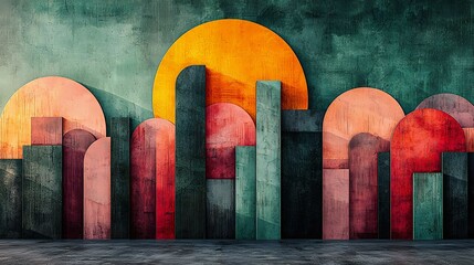 A vibrant abstract mural featuring geometric shapes, bold colors, and a sun backdrop, creating a modern artistic vibe in an urban setting.