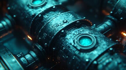 Close-up of futuristic mechanical pipes with glowing blue elements and intricate details, showcasing advanced technology in a dark setting.