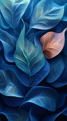 A stunning abstract design featuring intricate blue and pink leaves, showcasing detailed textures and layers, perfect for nature and art lovers.