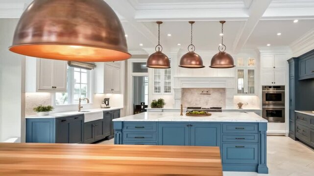 Luxury kitchen design ideas: blue and white cabinets, island lighting, farmhouse sink, modern appliances