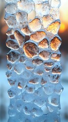 Close-up of icicles with unique textures, illuminated by warm sunlight, showcasing frozen water patterns and natural beauty during winter.