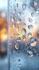 A close-up shot of water droplets on a frosty surface, capturing the beauty of morning light with blurred warm tones in the background.