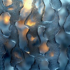 Close-up of frosted glass creating abstract patterns with warm light shining through, evoking winter and cool ambiance.