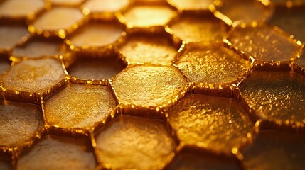 Close-up view of vibrant golden honeycomb structures, showcasing the intricate hexagonal patterns and natural texture of honey. Perfect for food imagery.